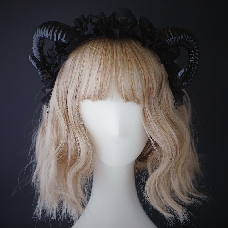 Handmade Lolita Girl Demon Horn Headband with dark gothic design, perfect as a photography prop or costume accessory.