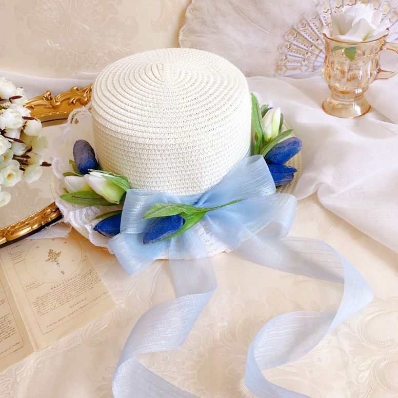 Original Handmade Pink Tulip Lolita Small Sun Hat Straw Hat Oil Painting Style Travel Photography Woven Bag Basket