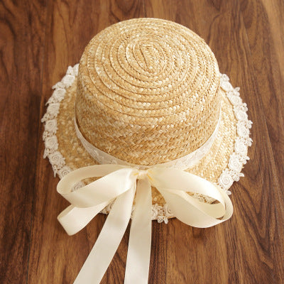 Mori Girl Retro Lolita Ribbon Straw Hat Bowknot Woven Straw Hat Lace Straw Hat