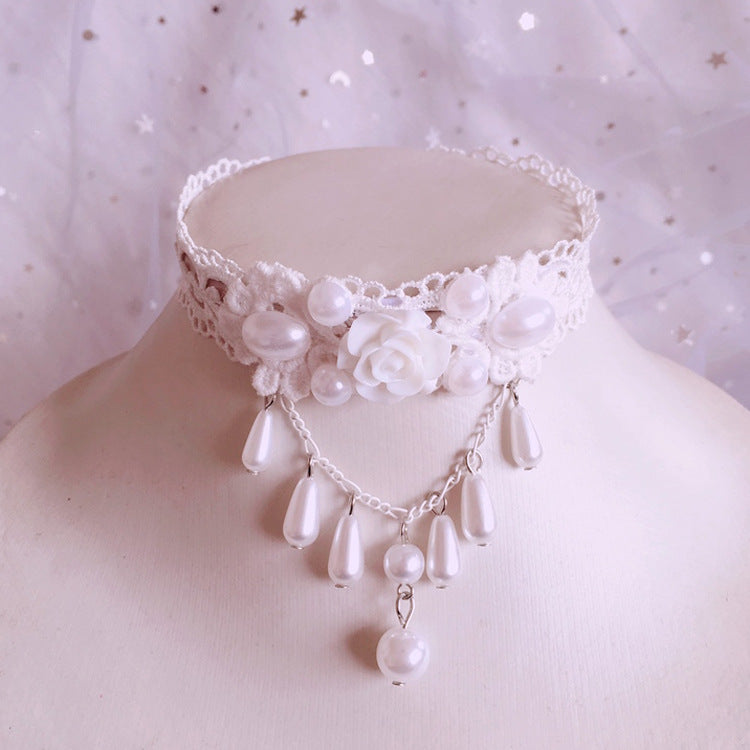 Ying Yuan Jia Lace Pearl White Choker Necklace
