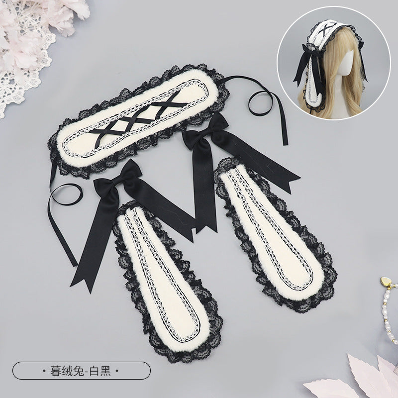Lo Nymph Bowknot Lop-Eared Rabbit Hair Accessories Cute Sweet Plush Bunny Headwear Handmade Lolita Bunny Ears Hairband - Lolita Fetch