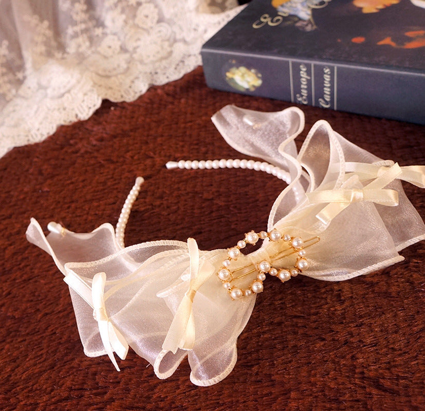 Original Ruiben Rabbit Full Color Pearl Kc Lolita Handmade Headband Organza Bow