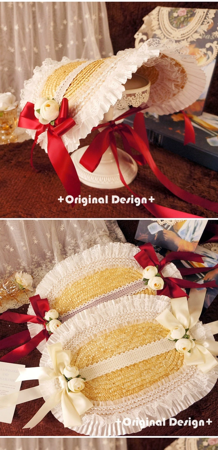 Fanmao Lolita French Flat Bonnet - Multi-color Pastoral Style Women's Summer Straw Hat