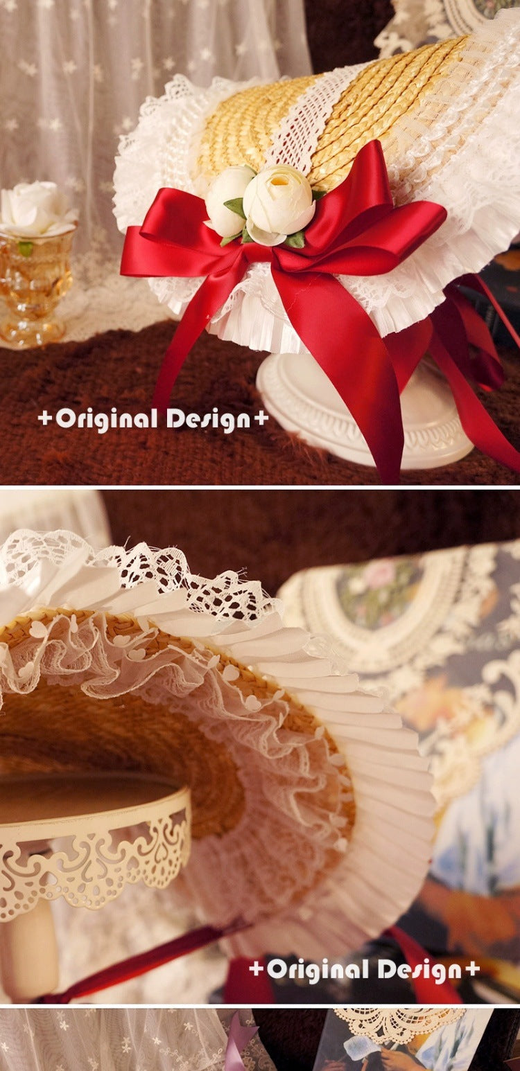 Fanmao Lolita French Flat Bonnet - Multi-color Pastoral Style Women's Summer Straw Hat