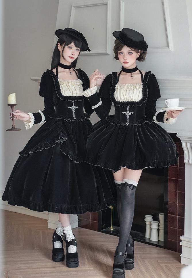 With PUJI - Apocalypse - Gothic Lolita Velvet OP Dress Set, Fishbone Waist