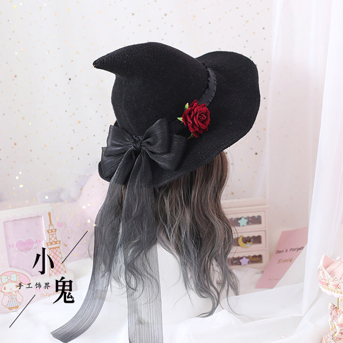 Halloween Lolita Rose Flower Big Bow Halloween Witch Hat Witch Hat Witch Hat Head Accessories - Lolita Fetch
