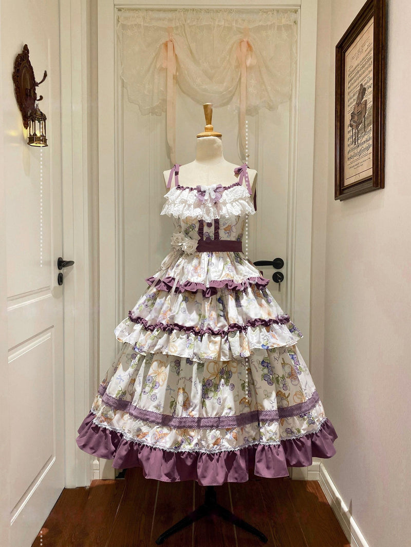 Qianmu - Blueberry Midsummer - Country Lolita Tiered JSK, Blueberry Print