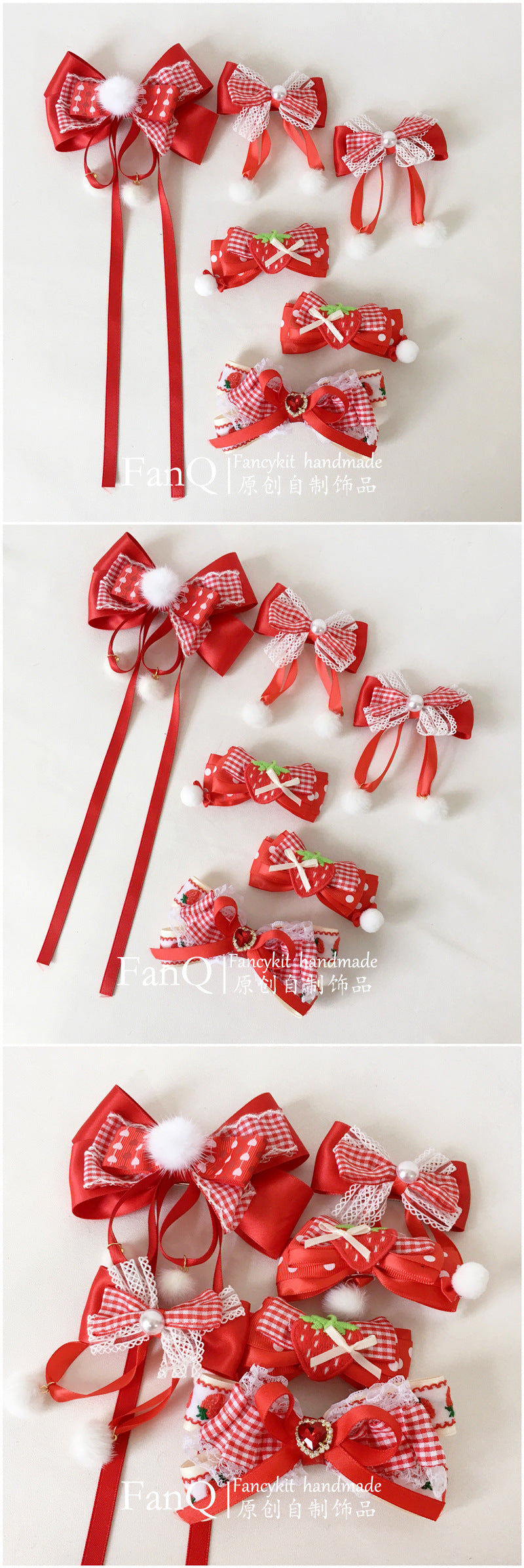 FanQ Handmade Lolita Sweet Little Strawberry Pom-Pom Hair Clip New Year Christmas Red Bowknot Pair Clip KC Hair Accessories