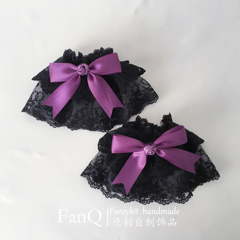Black and purple gothic doll rose hairband with floral hair clip, LolitaFetch headdress featuring intricate gothic design.