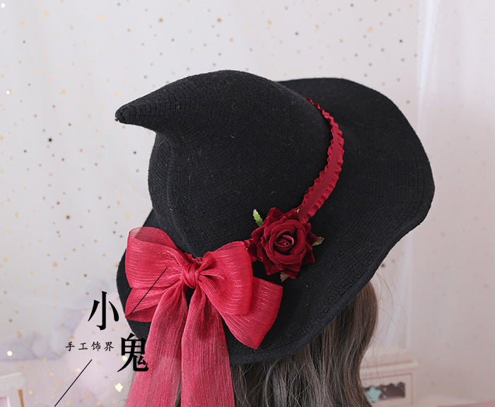 Halloween Lolita Rose Flower Big Bow Halloween Witch Hat Witch Hat Witch Hat Head Accessories - Lolita Fetch