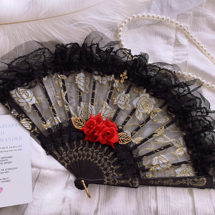 Gothic Style Lolita Lace Dress - Black Gold & White Gold Cross Rose Design with Folding Fan Photo Prop