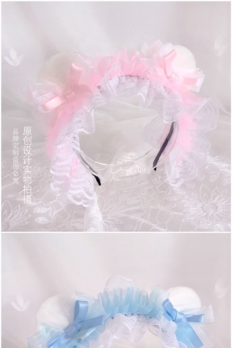 Blue LolitaFetch headdress featuring a cute bow and bear ear design, perfect for adding charm to Lolita fashion outfits.