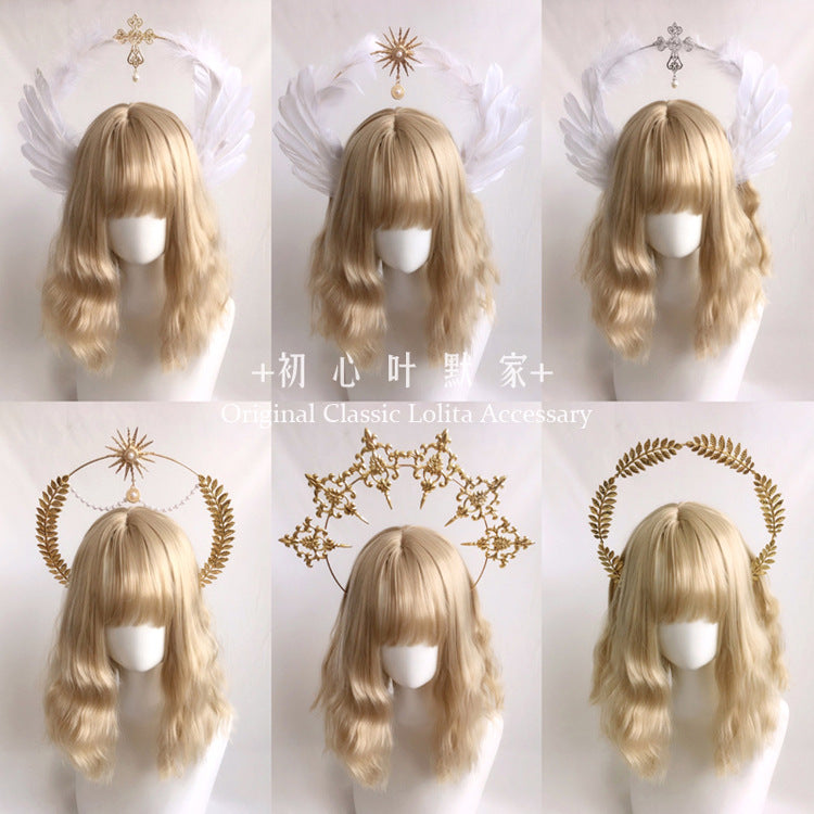 Lolita Virgin Mary Halo Headband Wheat Cross Feather Church Pope Gold Hair Accessory Catwalk Photo Prop - Lolita Fetch