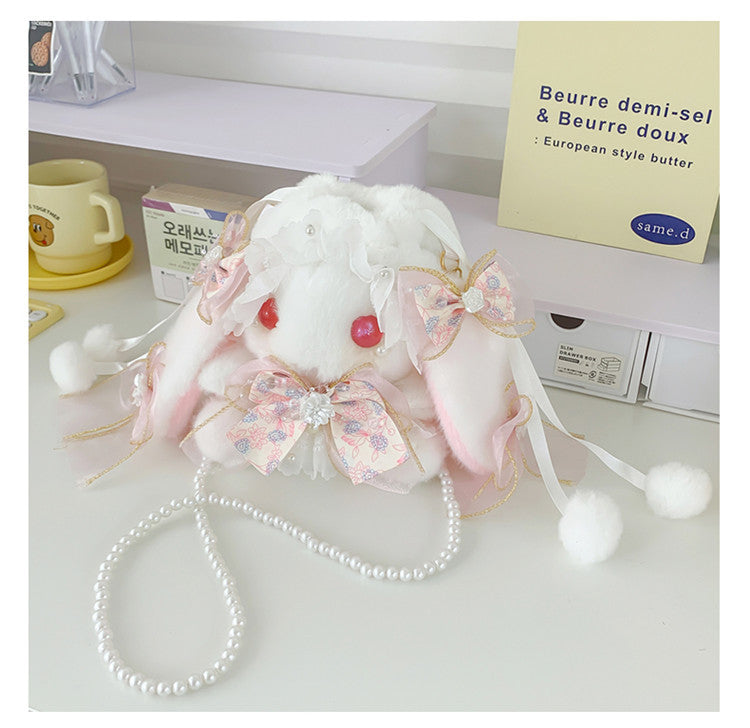 Lop-Eared Bunny Lolita Pearl Chain Doll Bag – 2025 Cute Bow Plush Shoulder Bag