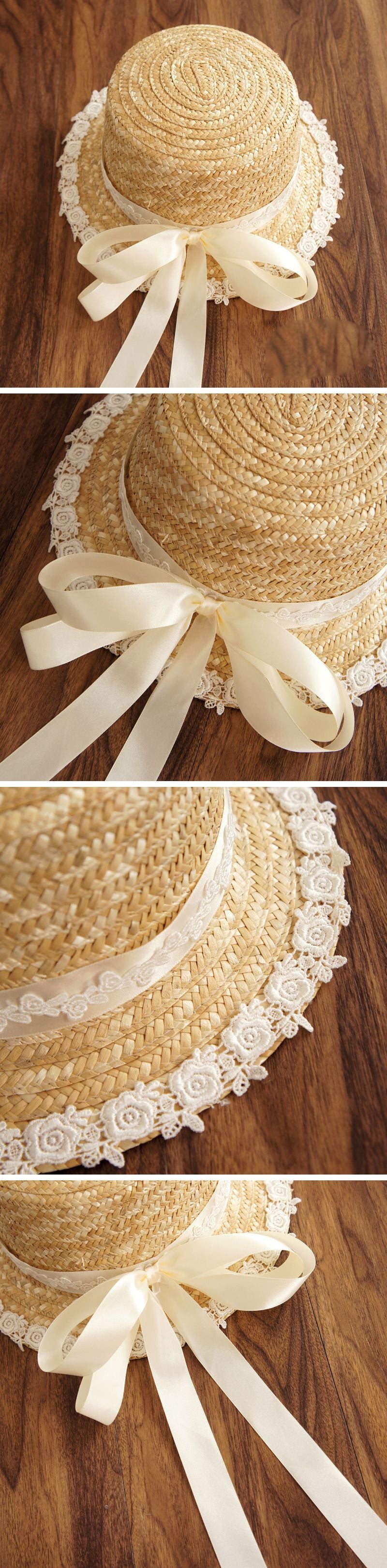 Mori Girl Retro Lolita Ribbon Straw Hat Bowknot Woven Straw Hat Lace Straw Hat
