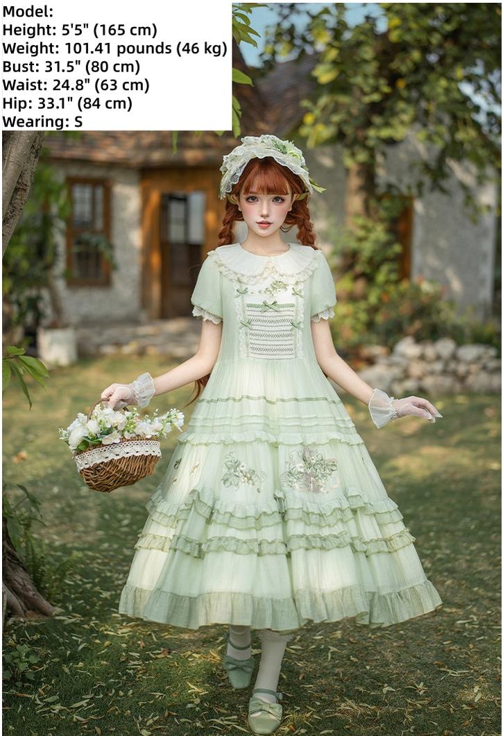 With PUJI - Green Grape - Embroidered Country Lolita OP Dress, Tiered JSK