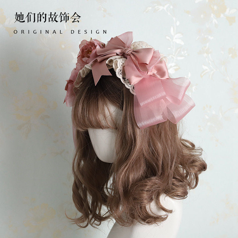 Lolita Hair Accessories Smoke Pink Bow Korean Pink KC Hairpin Hand Sleeve Hair Hoop Twin Rabbit Small Objects Lolita Headwear - Lolita Fetch