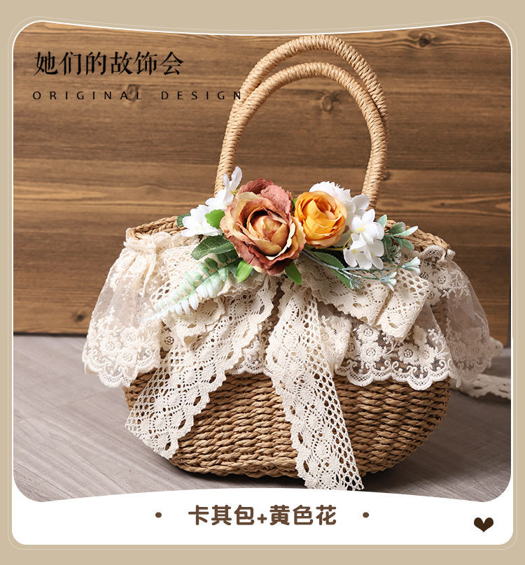 Handmade straw tote bag by LolitaFetch with lace and artificial flowers, perfect for beach or casual spring outings.