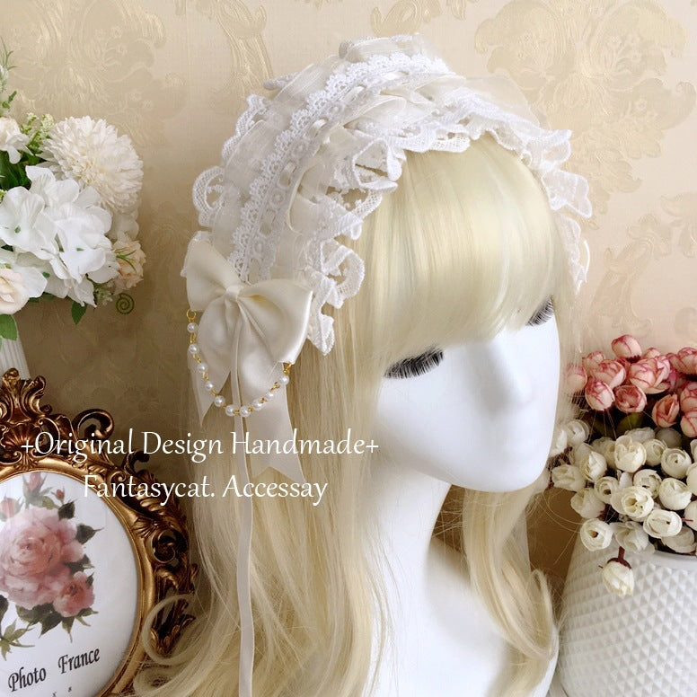 Fanmao Original Lolita White Nun Veil Headscarf Wedding Lolita Headwear Pearl Hairband