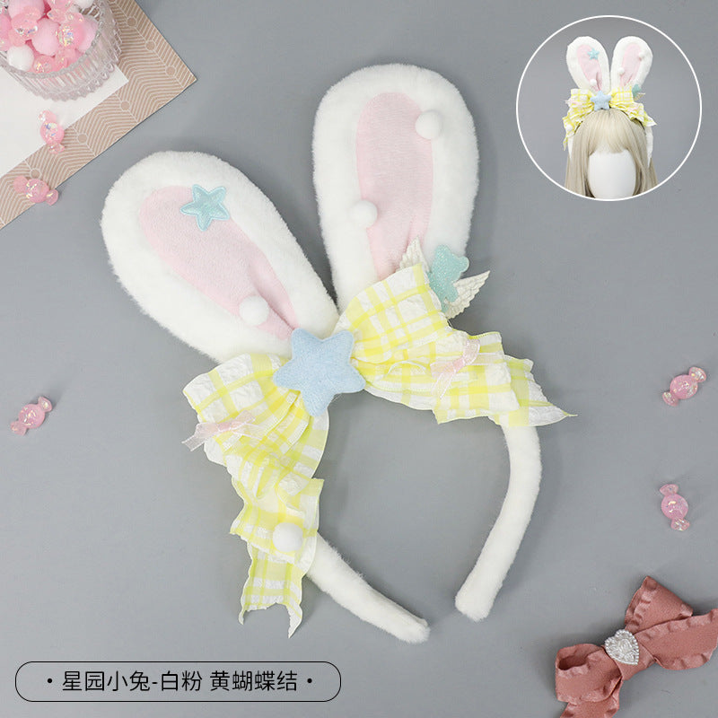 Japanese Style Cute Plush Bunny Hair Accessories Lolita Girl Comic Exhibition Headwear Ytk Bowknot Realistic Bunny Ear Hairband - Lolita Fetch