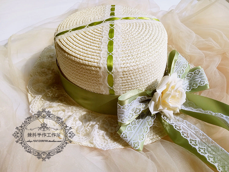 Multicolor handmade Lolita straw sunhat with lace and ribbon, featuring a flat top design, perfect for soft girl fashion.