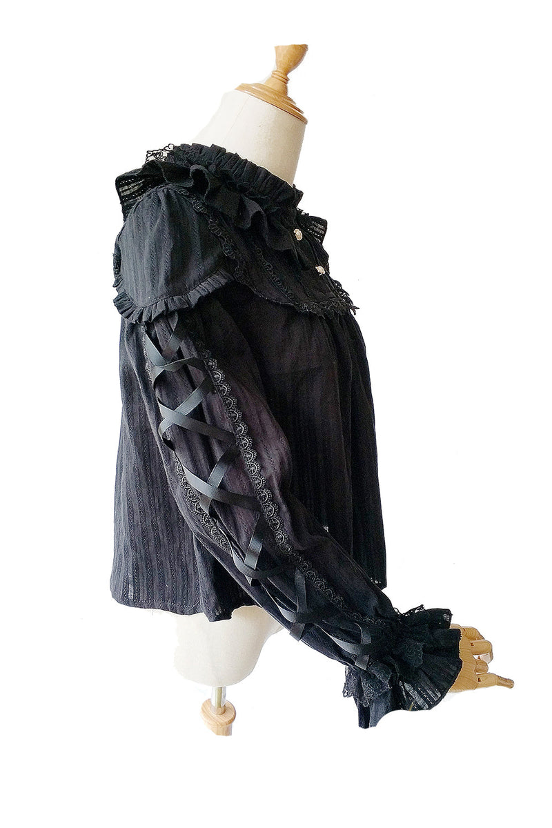 Warm Tea - Cute Ribbon Long Sleeves Cotton Blouse One Size black