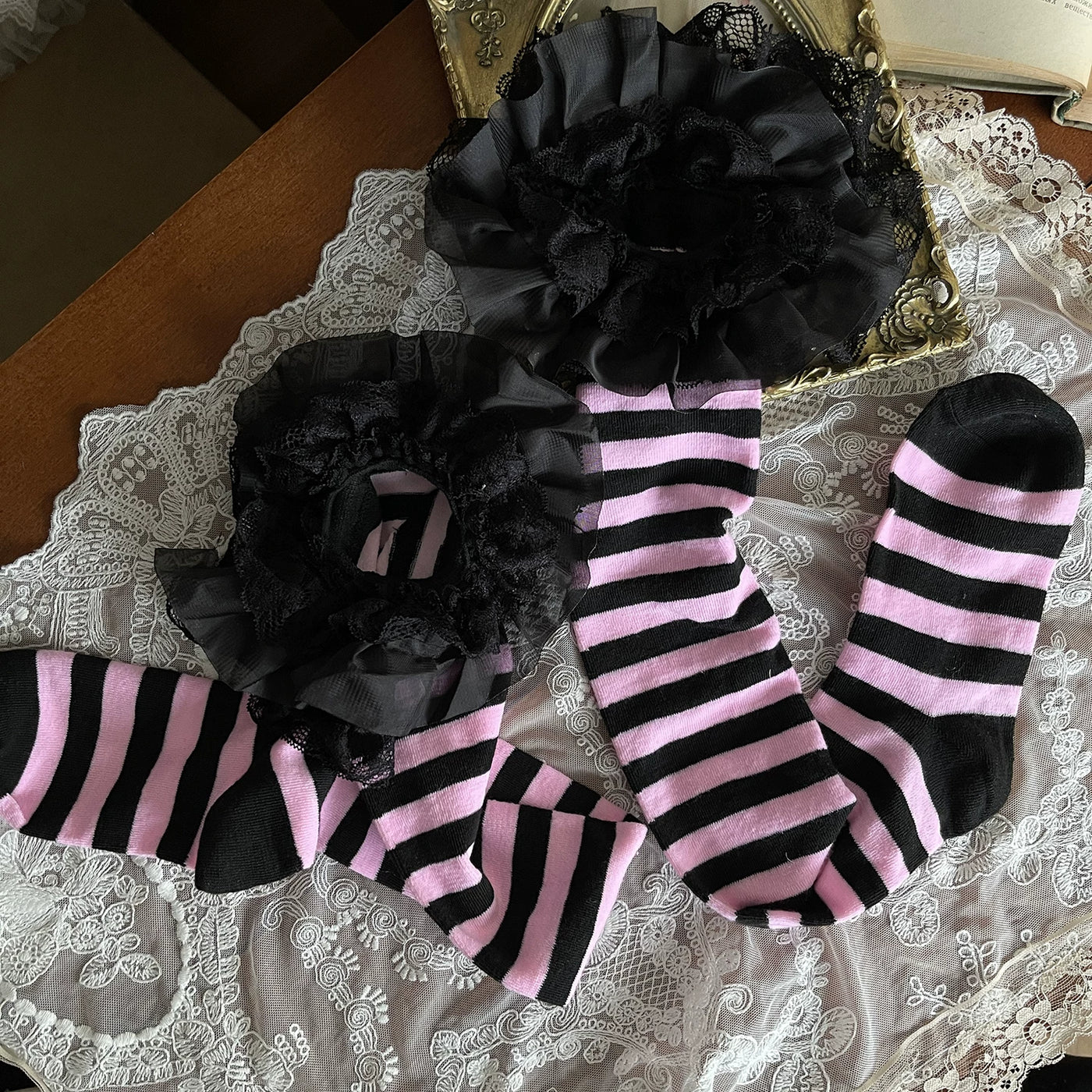 Sock Noble - Pink-Black Gothic - Lace-Trim Sock and Leg Ring Options
