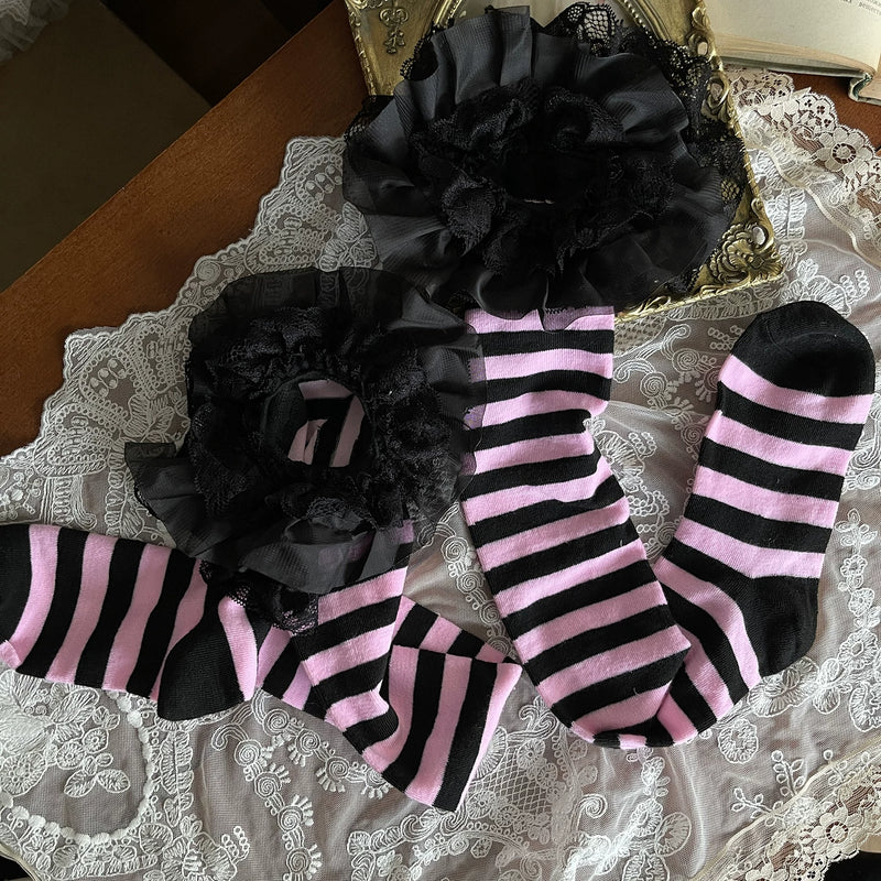 Sock Noble - Pink-Black Gothic - Lace-Trim Sock and Leg Ring Options