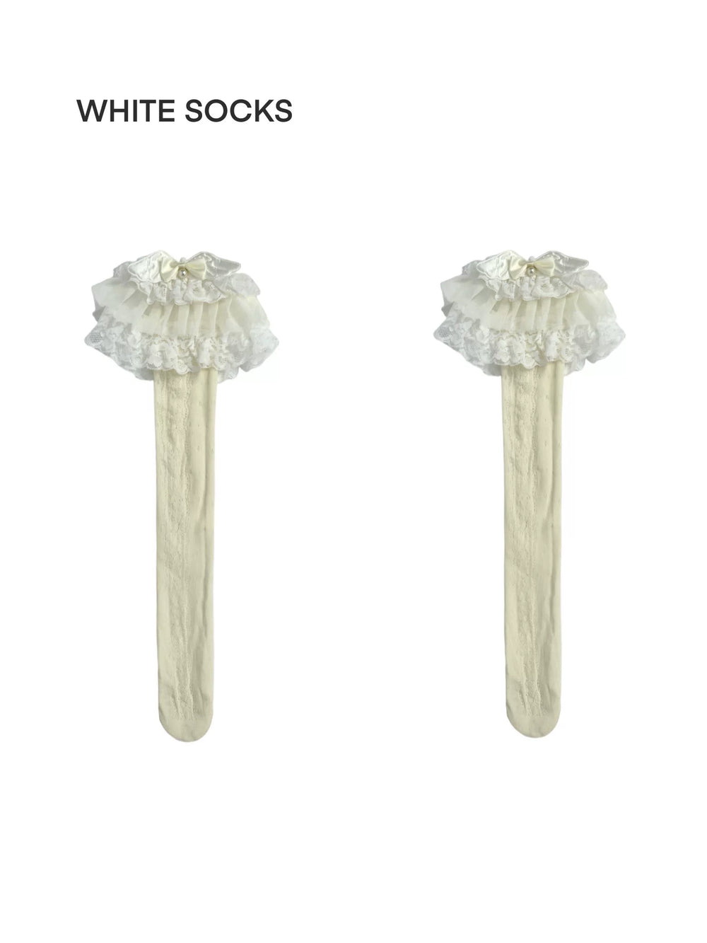 Ivory long and short lace socks with ruffled cuffs shown on a white background