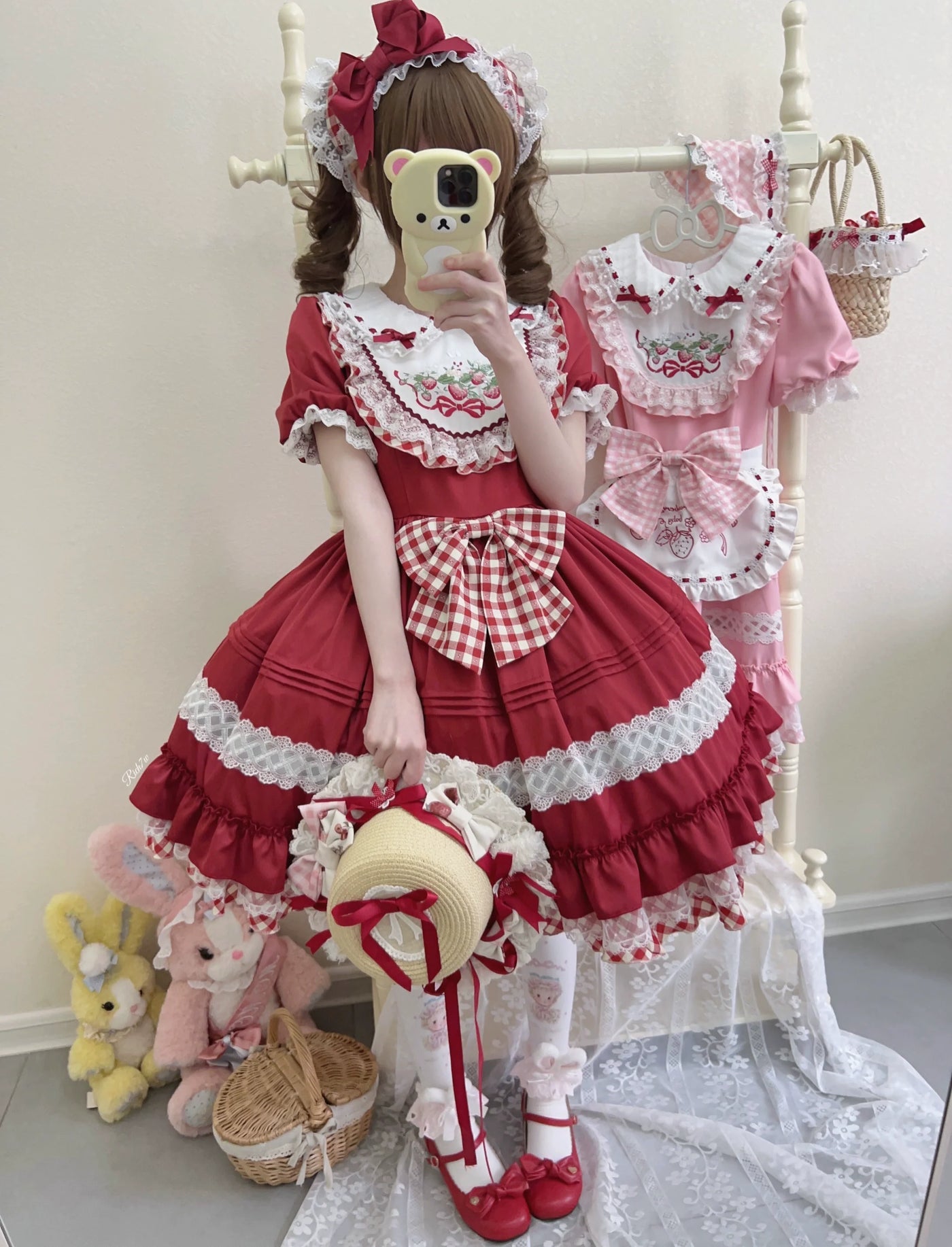 Strawberry Tea - Sweet Red Lolita OP Dress Short Sleeve Apron Dress S Red OP