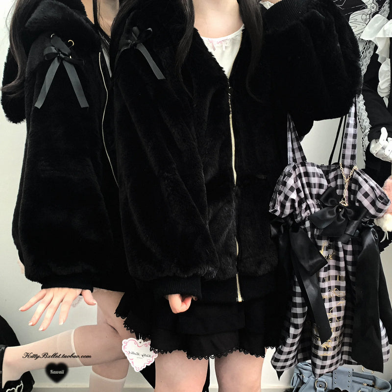 KittyBxllet Lace-Up Bunny Plush-Ear Zip Jacket — Black