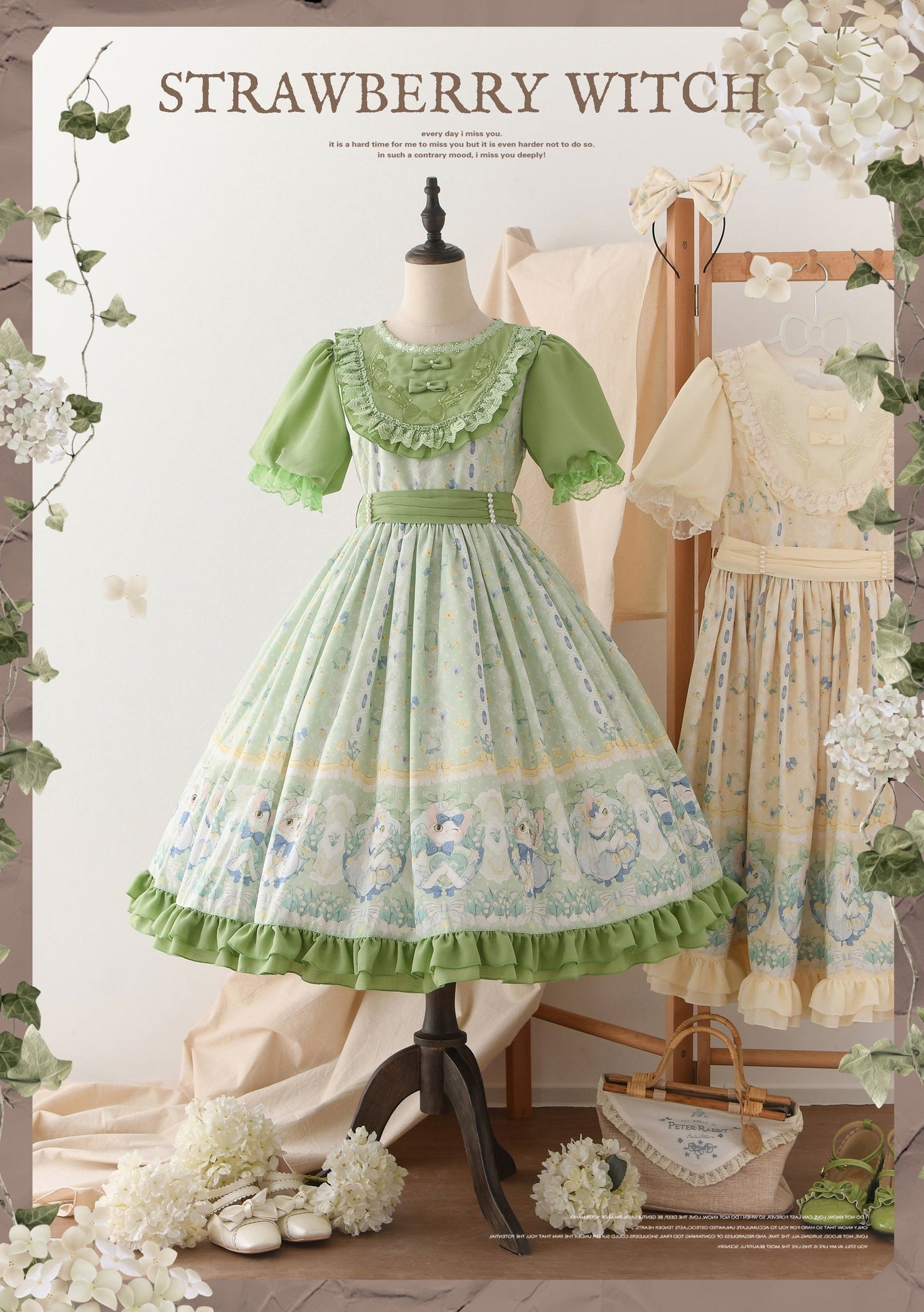 Strawberry Witch - Lily of the Valley Kitten - Country Lolita OP with Embroidery and Cat Print