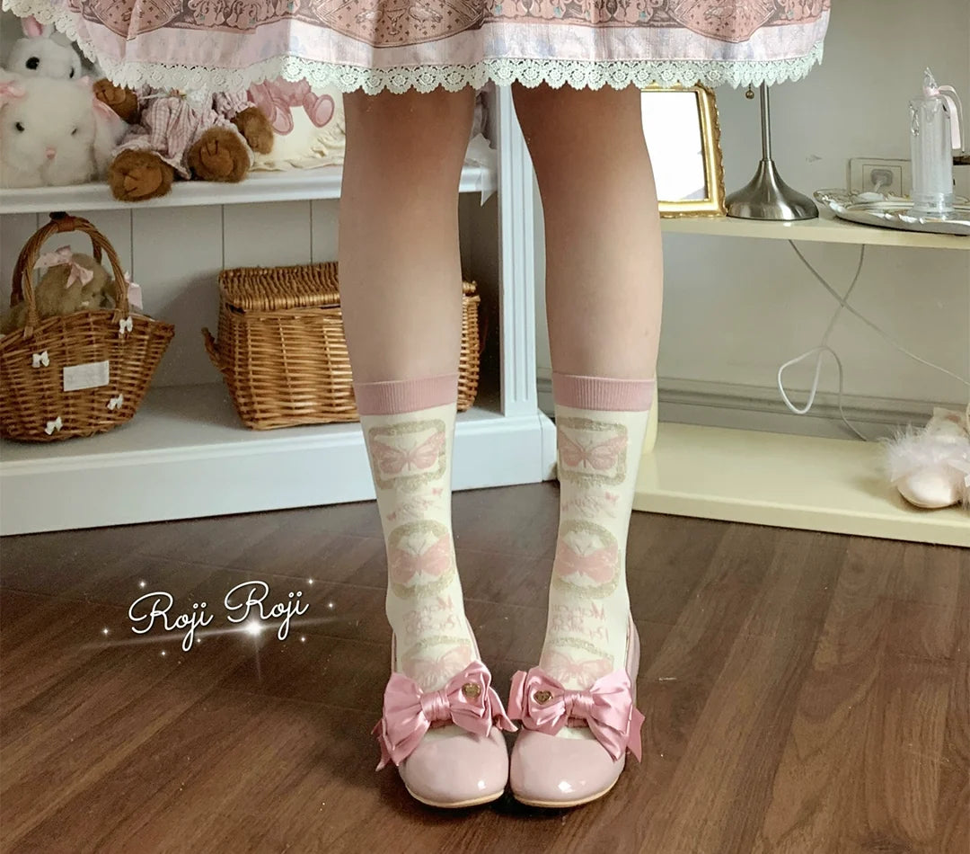 Roji Roji - Sweet Lolita Cotton Socks - Detachable Cuff Bow Trim Socks