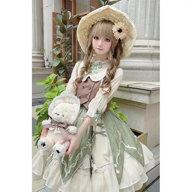 Creamy - Meadow Green - Green Three-Piece Set with Vest, Shirt and Gathered Short Skirt