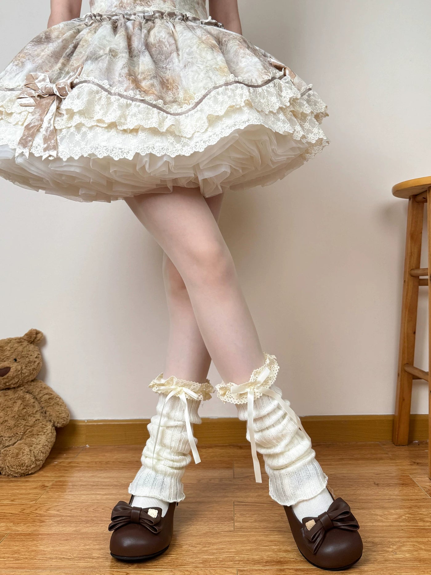 Chubby Bear Tales - Coffee Ribbon Slouch - Knit Leg Warmers with Lace Bows