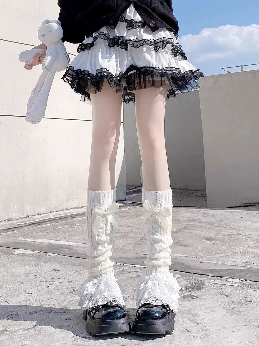 Floral Milk Cat - Ribbon Knit - Scrunched Calf Socks with Bows and Lace Ruffles
