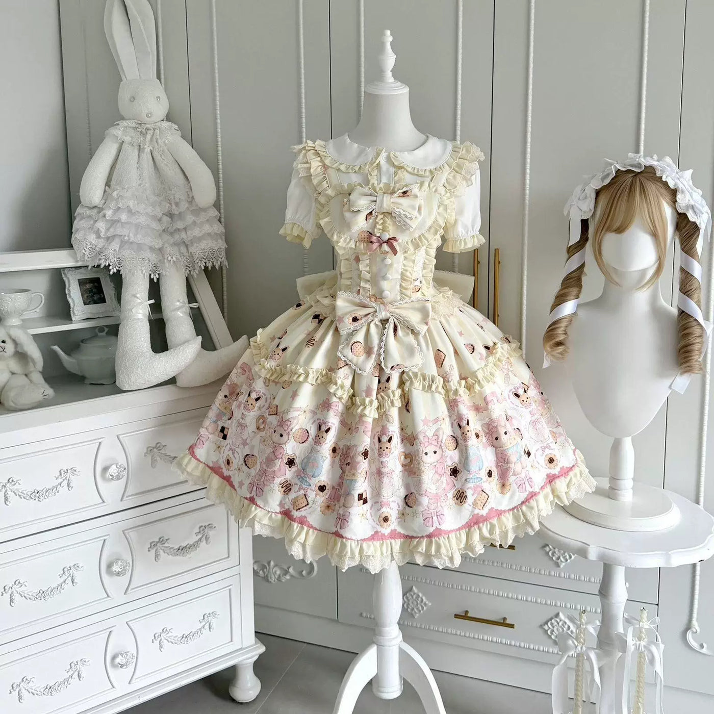 Sweetheart Dream Machine - Rabbit Cake - Milky Pink or Milky Yellow JSK with Rabbit and Cake Motifs