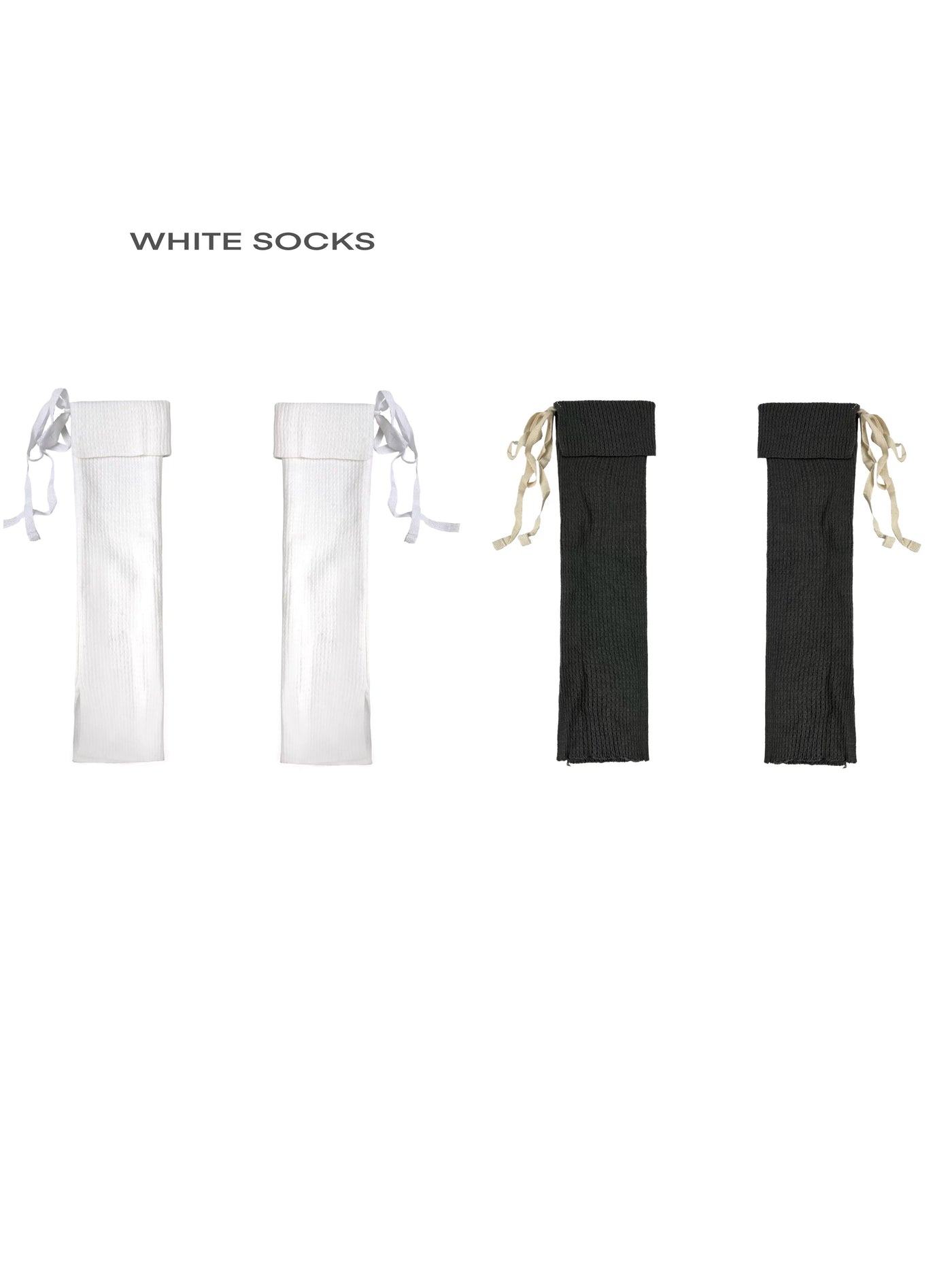 White Socks - Ballet Ribbon - Rib-Knit Calf Socks with Folded Cuffs and Ribbon Ties