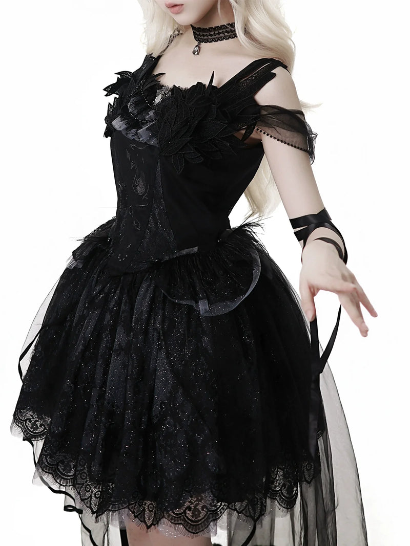 Your Princess - Star Swan Dream - Black Gothic Lolita JSK Dress, Swan Embroidery