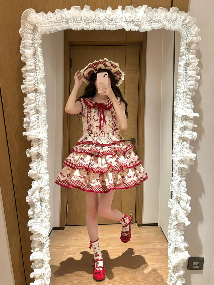Dream Bunny - The Cherries Are Ripe - Cherry-Print Lolita Fashion Set with Gingham Ruffles