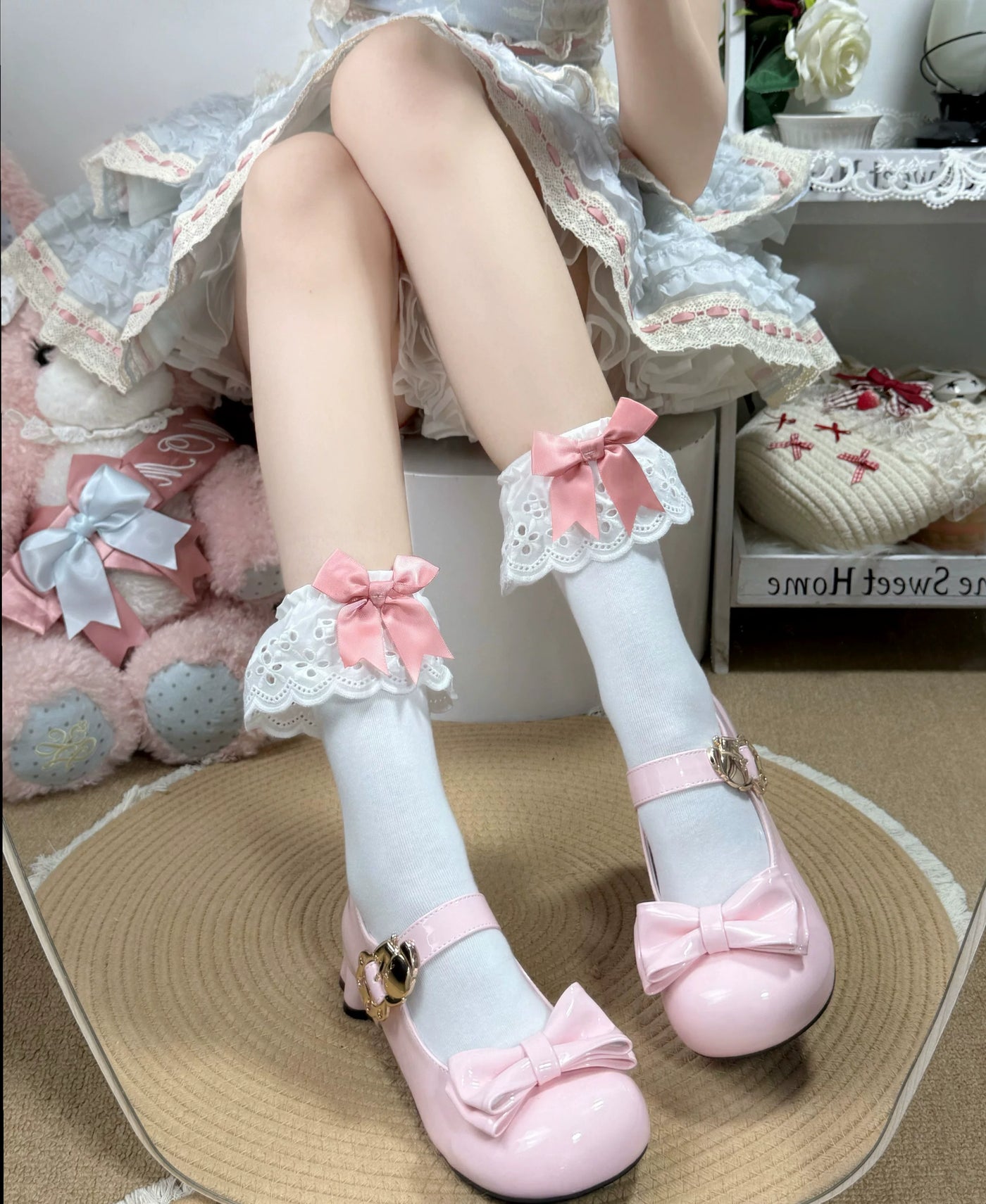 Fantasy Doll - Bow Lace - White mid-calf cotton socks with lace cuffs and bows