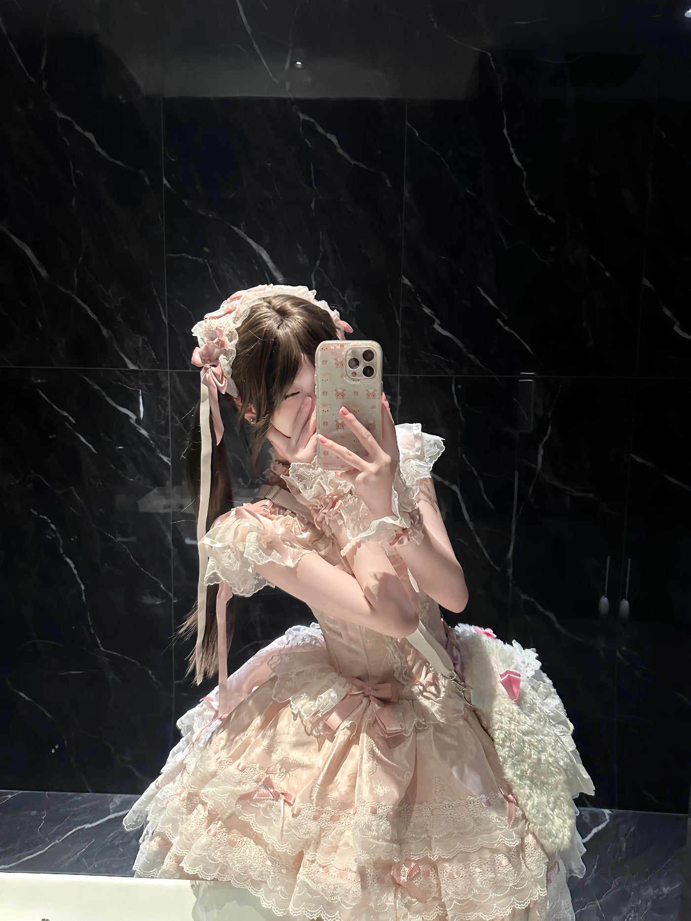Creamy - Pink Bridal - Pink JSK Dress with Layered Lace and Bow Details