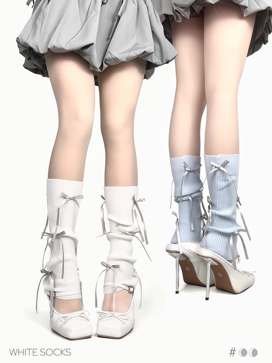 White Socks - Ribbon Ruche - 30 cm Scrunch Socks with Ribbon Ties