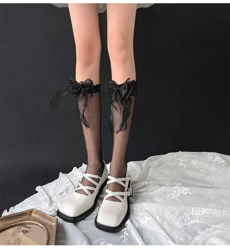 Sock Noble - Crystal Bow - Sheer Mid-Calf Slouch Socks with Bow Detail