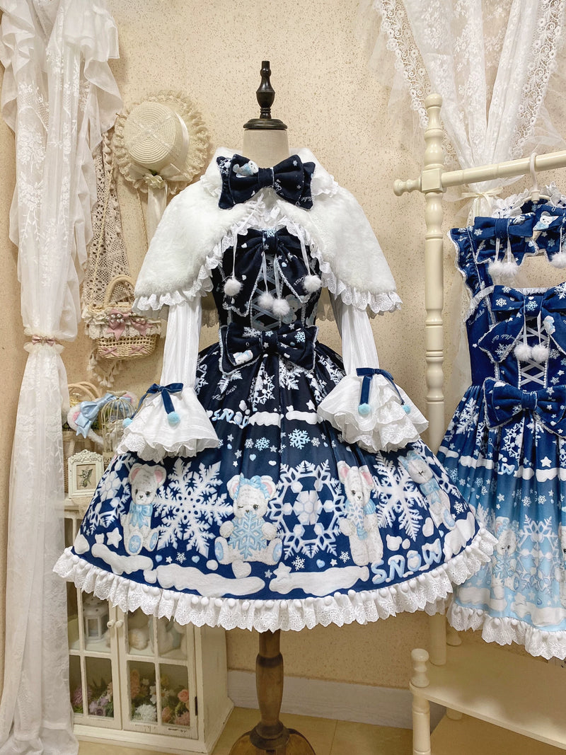 Snowflake Bear Lace-Trim Plush Lolita JSK — Black & Navy Full Set 2 - JSK + Blouse + Cape + Headbow (KC)