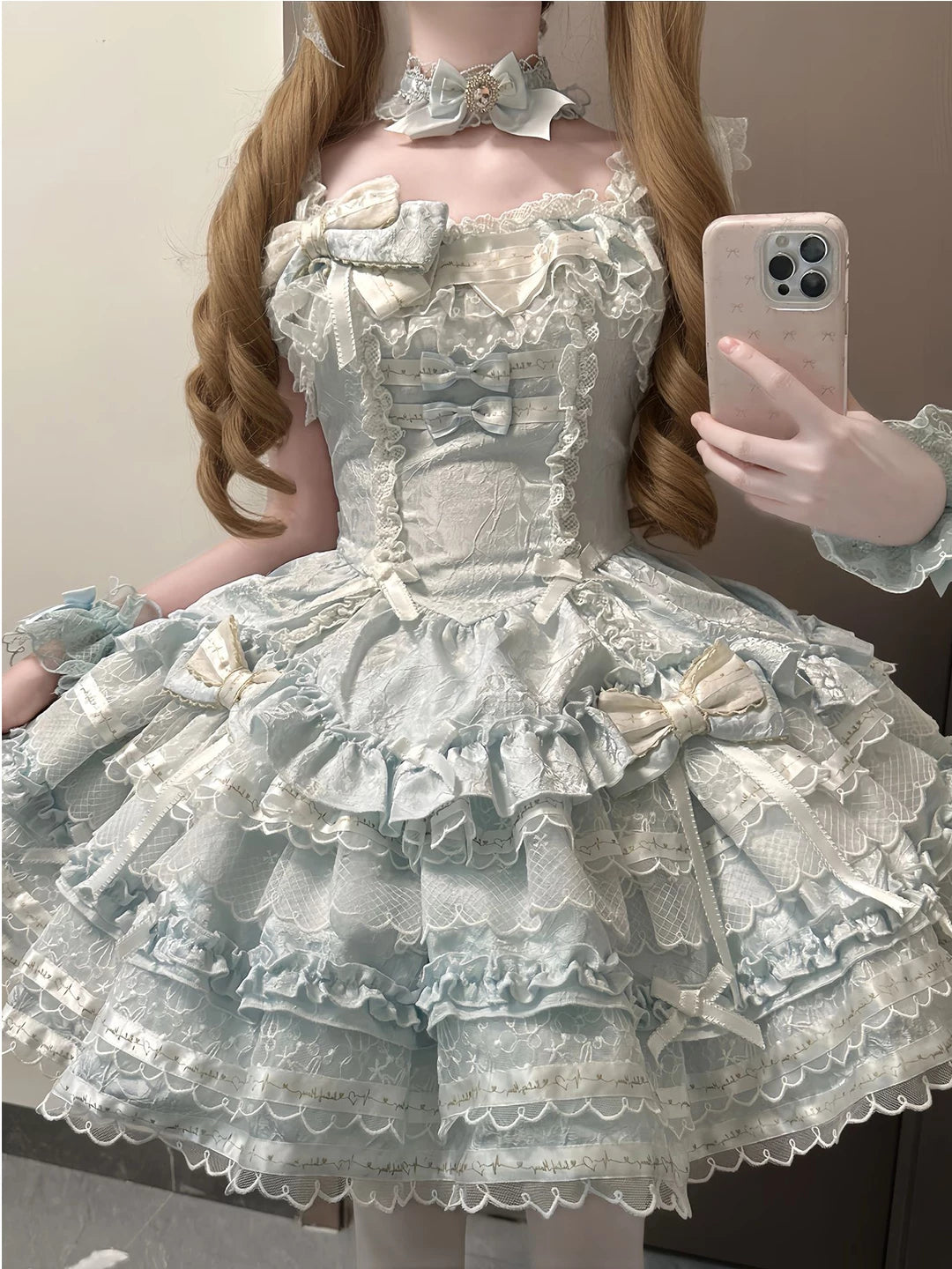 Creamy - Blue Ballet Whispers - JSK Dress with a Tiered Lace-Trimmed Skirt