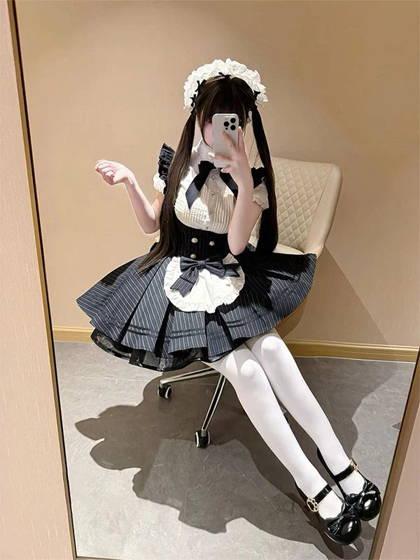 Creamy - Striped Maid - Short-Sleeve OP Dress Set with Striped Skirt