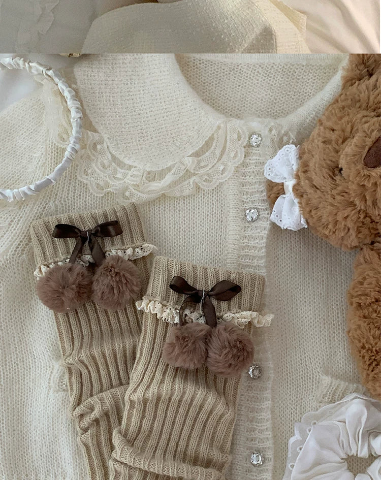 roji roji - Lace Pom-Pom - Knit Leg Warmers with Lace Edging, Ribbon Ties and Handmade Pom-Poms