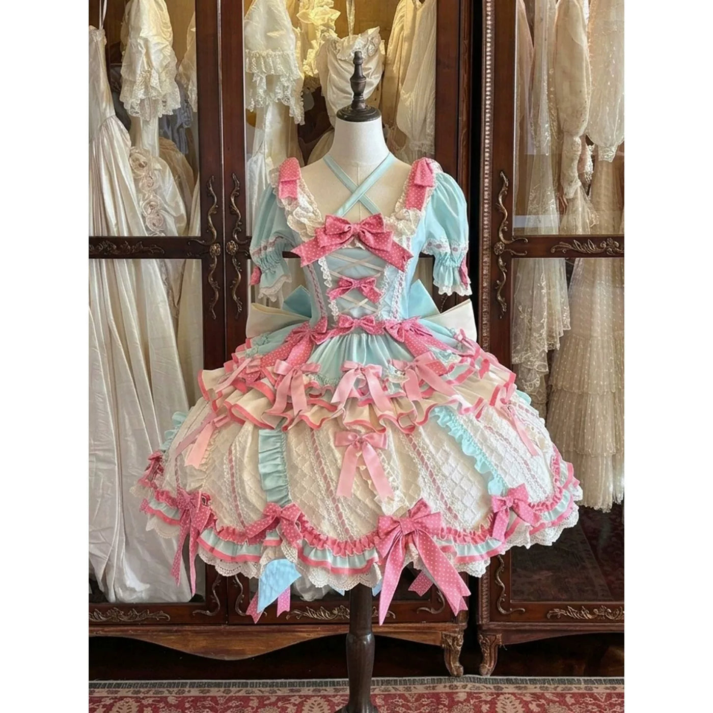 Close-up of tiered pastel ruffled skirt with pink polka dot bows and scalloped lace trim