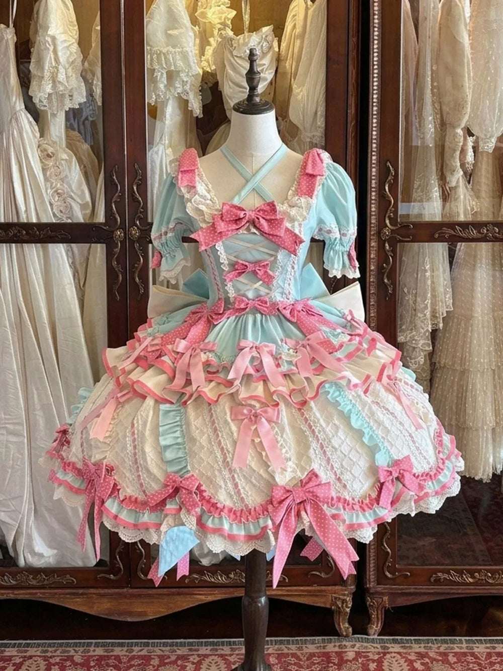 Mint ice cream sweet lolita OP dress with detachable train and hat, featuring halter neck and criss-cross laced open back